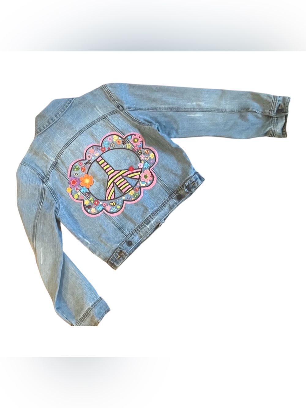 Ivy Jane Denim Jacket with Colorful Embroidered Peace sign and Flowers size S - Picture 4 of 15